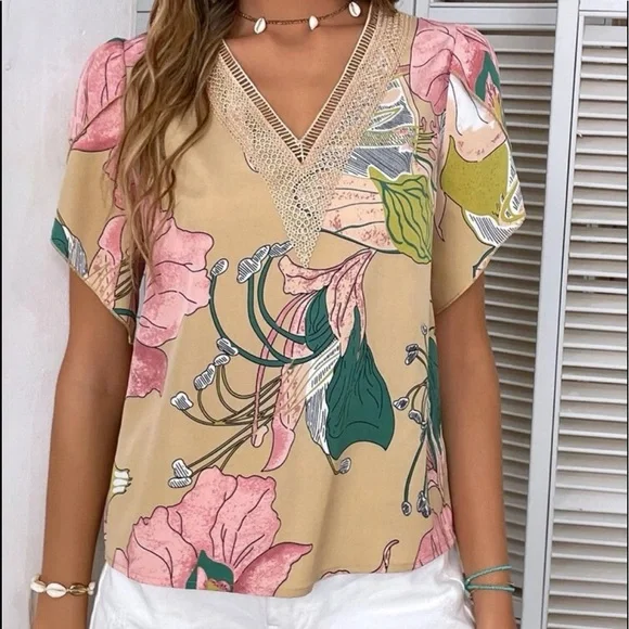 Boho Floral Print Petal Sleeve Shirt Top Blouse - Picture 7 of 8